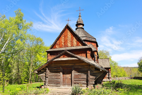Church of St. Nicholas from the village of Zelenoe (Podolia) in skansen Pirogovo in spring time in Kyiv, Ukraine