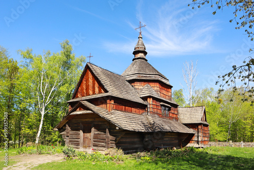 Church of St. Nicholas from the village of Zelenoe (Podolia) in skansen Pirogovo in spring time in Kyiv, Ukraine