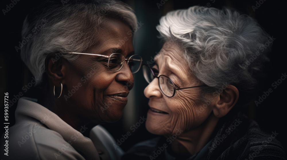 Old women lesbian couple. Black and Caucasian female in love. LGBT pride month celebration generative ai Old women lesbian couple. Black and Caucasian female in love. LGBT pride month celebration generative ai