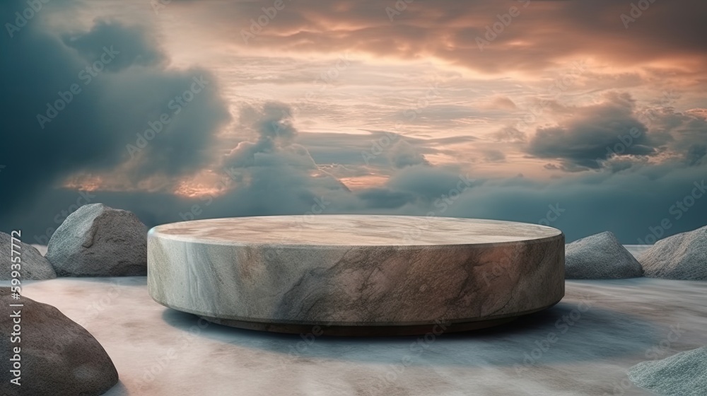 White marble podium with beautiful sky and clouds. Generative ai White marble podium with beautiful sky and clouds. Generative ai