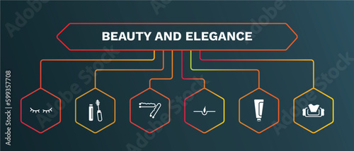 set of beauty and elegance white filled icons. beauty and elegance filled icons with infographic template. flat icons such as mascara, bobby pins, hair, cream tube, wet wipes vector.