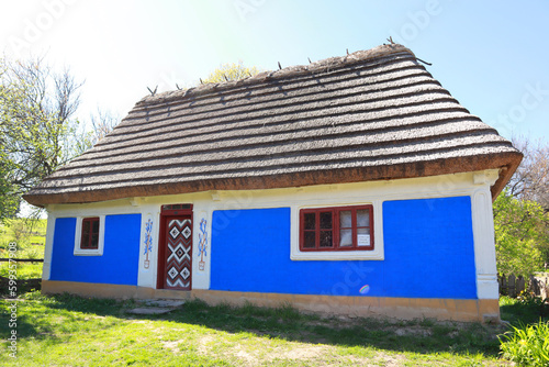  Bluewashed house with a thatched roof from Podolia in skansen Pirogovo in Kyiv, Ukraine photo