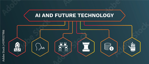 set of ai and future technology white filled icons. ai and future technology filled icons with infographic template. flat icons such as voice recognition, flyboard, chess, coins, exoskeleton vector.