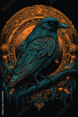 Turquoise crow and retro pattern background. vector illustration
