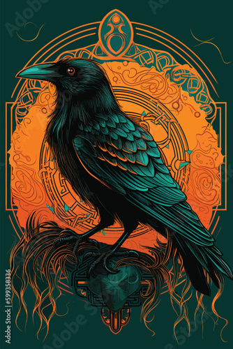 Turquoise crow and retro pattern background. vector illustration