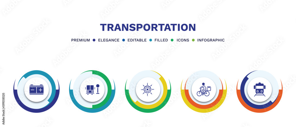 set of transportation filled icons. transportation filled icons with infographic template. flat icons such as workshop repair, school bus stop, ship wheel, delivery bike, train front view vector. set of transportation filled icons. transportation filled icons with infographic template. flat icons such as workshop repair, school bus stop, ship wheel, delivery bike, train front view vector.