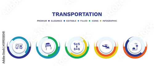 set of transportation filled icons. transportation filled icons with infographic template. flat icons such as recycling truck, slippy road, chassis, small helicopter, airport checking vector.