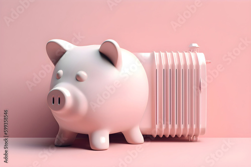 Piggy bank with a heating battery on a pink background, Generative AI