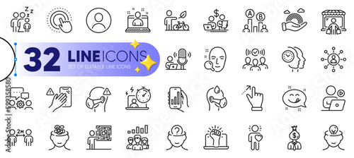 Outline set of Podcast, Ab testing and Manager line icons for web with Best manager, Engineering team, Medical mask thin icon. Mental health, Budget accounting. Design with yellow 3d stars. Vector