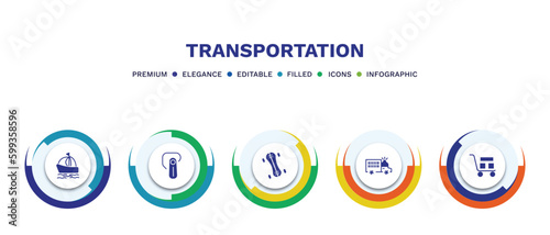 set of transportation filled icons. transportation filled icons with infographic template. flat icons such as sailing boat with veils, hands free device, longboard, prison bus, cart with boxes