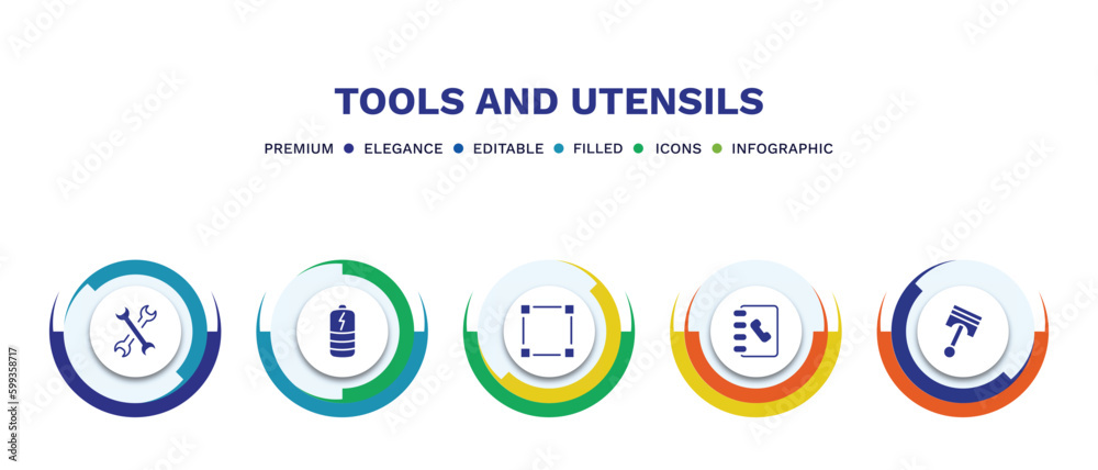 set of tools and utensils filled icons. tools and utensils filled icons with infographic template. flat icons such as cross wrench, charged battery, basic square, telephone agenda, piston on vector. set of tools and utensils filled icons. tools and utensils filled icons with infographic template. flat icons such as cross wrench, charged battery, basic square, telephone agenda, piston on vector.