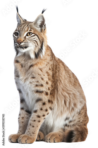 an isolated Bobcat, stunning, sitting, 3/4, and frontal view, a wildlife theme, photorealistic illustrations cutout, in PNG. generative ai