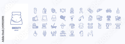 A collection sheet of outline icons for Obesity, including icons like Beer, alcohol, Arthritis, Binge