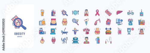 A collection sheet of linear color icons for Obesity, including icons like Beer, alcohol, Arthritis, Binge