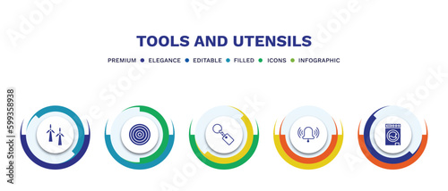 set of tools and utensils filled icons. tools and utensils filled icons with infographic template. flat icons such as windmills, target circles, key ring, ringing, top load washer vector.