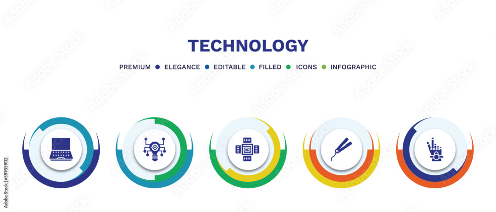 set of technology filled icons. technology filled icons with infographic template. flat icons such as open laptop, technology, naensor, hairdressing tools, robotic hand vector.