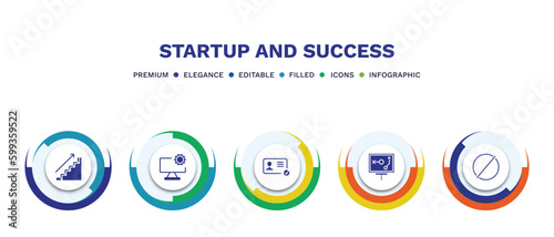 set of startup and success filled icons. startup and success filled icons with infographic template. flat icons such as career ladder, web development, identity, strategy sketch, restrict vector.