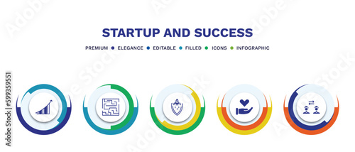 set of startup and success filled icons. startup and success filled icons with infographic template. flat icons such as grow, strategy in a labyrinth, startup shield, care, exchanging vector.
