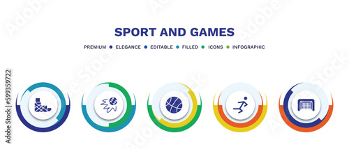 set of sport and games filled icons. sport and games filled icons with infographic template. flat icons such as sprained ankle, home run, basketball basket, wushu, hockey goal vector.