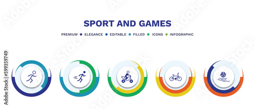 set of sport and games filled icons. sport and games filled icons with infographic template. flat icons such as man sprinting, excersice, motorbike riding, race bike, waterpolo vector.