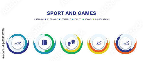 set of sport and games filled icons. sport and games filled icons with infographic template. flat icons such as man doing pushups, foil, two boxing gloves, jumping ski, drift car vector.