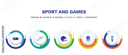 set of sport and games filled icons. sport and games filled icons with infographic template. flat icons such as batter, waiter falling, baseball helmet, third, world cup vector.