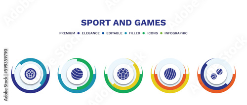 set of sport and games filled icons. sport and games filled icons with infographic template. flat icons such as football ball circular, gym ball, football ball, exercise balls vector.