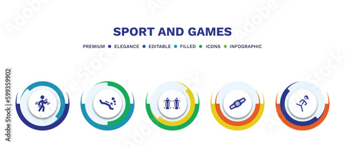 set of sport and games filled icons. sport and games filled icons with infographic template. flat icons such as excercise, scuba diving, shin guards, champion belt, pencak silat vector.
