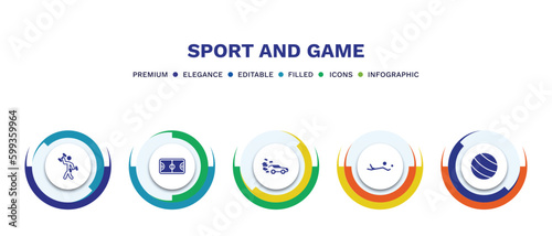 set of sport and game filled icons. sport and game filled icons with infographic template. flat icons such as excersice, basketball court, drift car, volleyball motion, exercise ball vector.