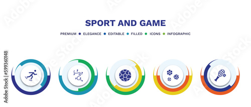 set of sport and game filled icons. sport and game filled icons with infographic template. flat icons such as skating, slalom, soccer football ball, balls, tennis game vector.