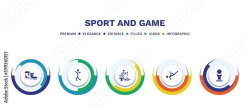 set of sport and game filled icons. sport and game filled icons with infographic template. flat icons such as ski boots, dancing motion, fisher fishing, capoeira, brazilian vector.