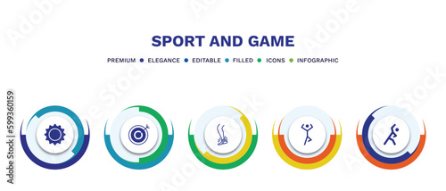 set of sport and game filled icons. sport and game filled icons with infographic template. flat icons such as equipment, bullseye, sprained ankle, yoga posture, stretching vector.