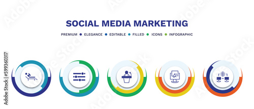 set of social media marketing filled icons. social media marketing filled icons with infographic template. flat icons such as recreational, options, seminar, digital marketing, network conecction