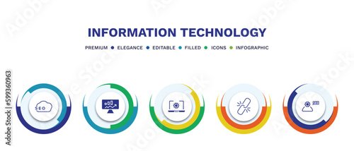 set of information technology filled icons. information technology filled icons with infographic template. flat icons such as seo, seo monitoring, software, broken link, seo consulting vector.