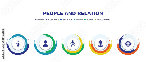 set of people and relation filled icons. people and relation filled icons with infographic template. flat icons such as bearded woman, male user, baby with diaper, bussiness man, baby zone vector.