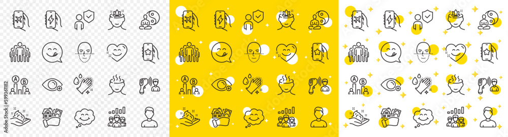 Outline Farsightedness, Yoga and Washing hands line icons pack for web with Charging app, Security, Face recognition line icon. Ab testing, Group, Teamwork results pictogram icon. Vector