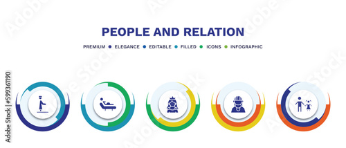 set of people and relation filled icons. people and relation filled icons with infographic template. flat icons such as qiyam, birth, princes, amazonian, father and daughter vector.