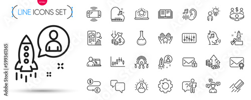 Pack of Best laptop, Hearing and Search employee line icons. Include Online education, Conversation messages, Ranking pictogram icons. Education, Money transfer, Verified mail signs. Vector