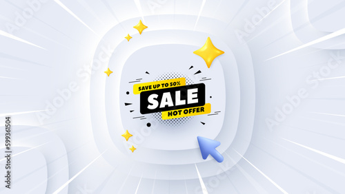 Sale 50 percent off banner. Neumorphic offer 3d banner, poster. Discount sticker shape. Coupon tag icon. Sale 50 percent promo event background. Sunburst banner, flyer or coupon. Vector