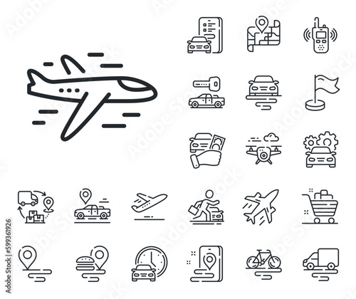 Plane flight transport sign. Plane, supply chain and place location outline icons. Airplane line icon. Aircraft symbol. Airplane line sign. Taxi transport, rent a bike icon. Travel map. Vector