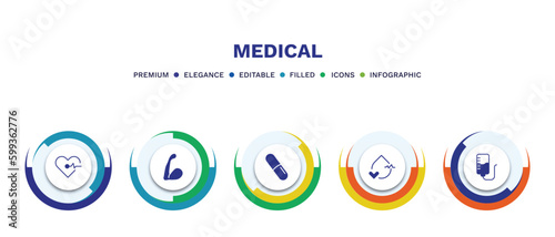 set of medical filled icons. medical filled icons with infographic template. flat icons such as cardiogram, arm, pill, blood pressure, iv vector.