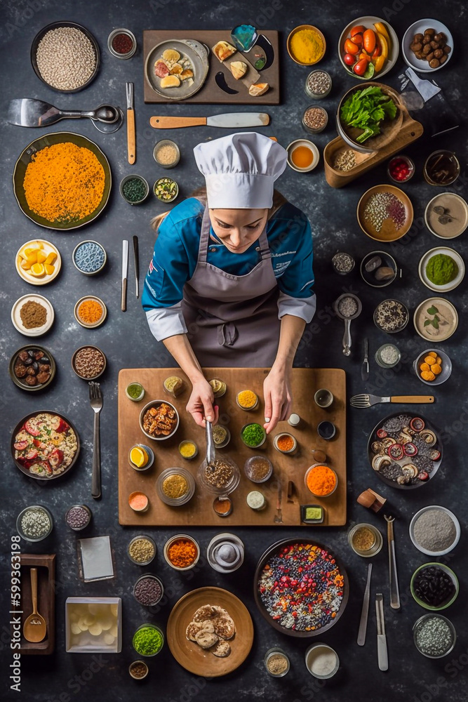 A female chef in the style of knolling surrounded of ingredients of her cuisine - ai generative A female chef in the style of knolling surrounded of ingredients of her cuisine - ai generative