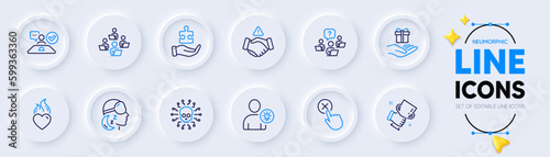 Heart flame, Teamwork question and Teamwork line icons for web app. Pack of Loyalty program, Job interview, Cyber attack pictogram icons. Winner cup, Reject click, Insomnia signs. Vector