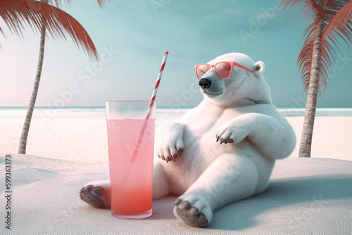 Oso polar de dibujos animados,  sentado en la arena de una playa tomando un refresco en un vaso grande de cristal de fresa con pajita. Concepto vacaciones, turismo y viajes