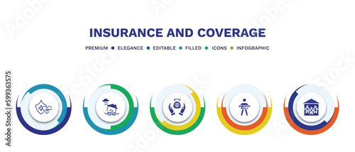 set of insurance and coverage filled icons. insurance and coverage filled icons with infographic template. flat icons such as health insurance, inundation, savings, unemployed, family house vector.