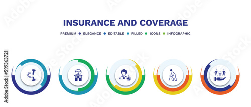 set of insurance and coverage filled icons. insurance and coverage filled icons with infographic template. flat icons such as fracture, real estate insurance, agent, retirement, familiar vector.