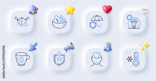 Salad, Umbrella and Mental health line icons. Buttons with 3d bell, chat speech, cursor. Pack of Ph neutral, Medical mask, Coronavirus protection icon. Low thermometer, Coffee pictogram. Vector
