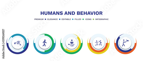 set of humans and behavior filled icons. humans and behavior filled icons with infographic template. flat icons such as vacuum cleaning, walk, cpr, fighting, nature photographer vector.