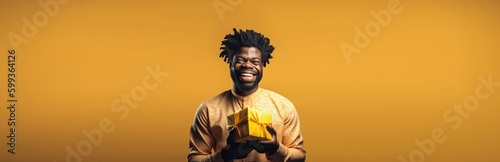 Excited black man holding gift box feels happy. Positive african american male character with present on yellow background. Life events celebration congratulation love care concept. Generative Ai  © OlyaOk