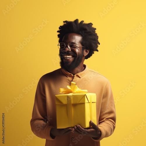 Excited black man holding gift box feels happy. Positive African-American male character with present on yellow background. Life events celebration congratulation love care concept. Generative Ai  © OlyaOk